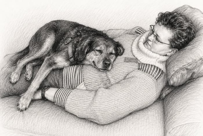 Illustration: Happy schläft eng an Claudia gekuschelt auf dem Sofa