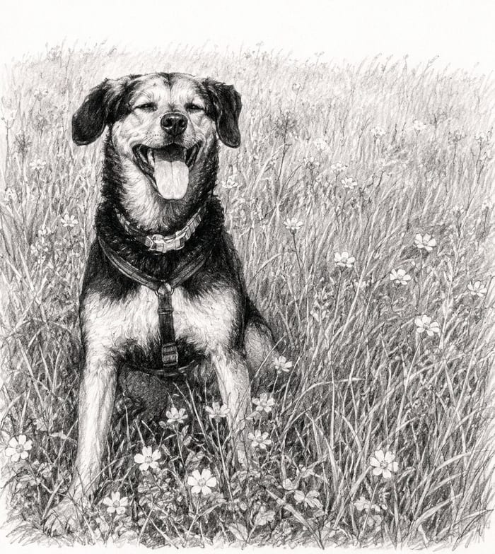 Illustration: Happy lächelt zum ersten Mal, sitzend in einem Blumenfeld